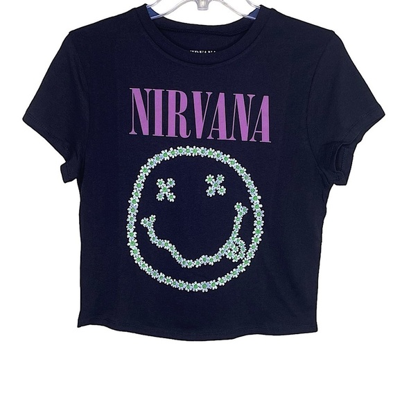 Nirvana Floral Smiley Face Black Graphic T-Shirt Y2k Grunge Nwot Size Large L - Picture 9 of 9
